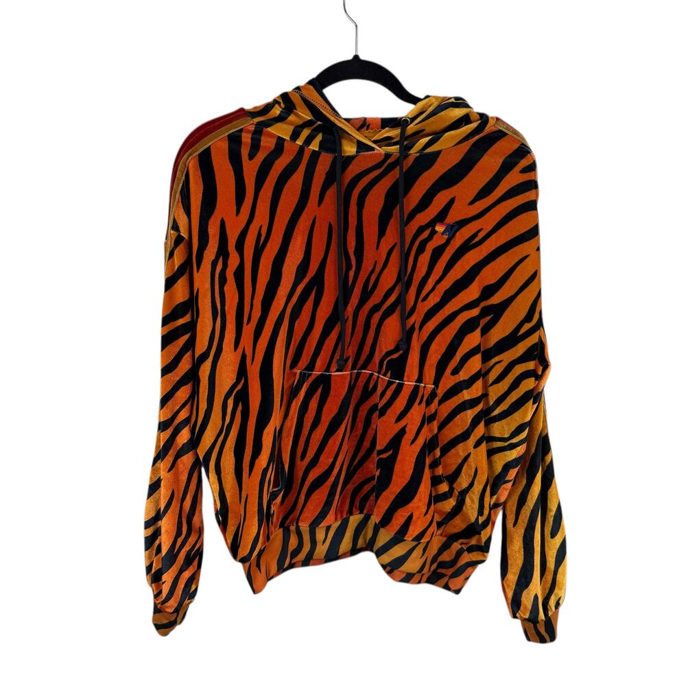 Aviator Nation Classic Tiger Print Velvet Relaxed Pullover Hoodie Orange Size S
